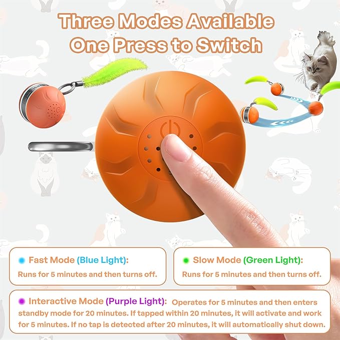 Interactive Cat Toy Ball Automatic Interactive Cat Toys for Indoor Cats with 3 Tails Birdsong 3 Modes Newly Upgraded Speedy 2.0 Tail Cat Toys for Kitten/Medium/Large Cats to Keep Them Busy(Orange)