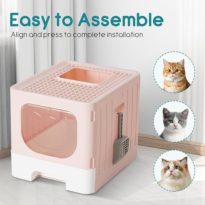 OLIXIS Cat Litter Box with Lid, Large Foldable Cat Box with Litter Scoop, Front Entry Top Exit Kitty Litter Box with Door, Easy Cleaning Drawer Design Odor Control, Pink