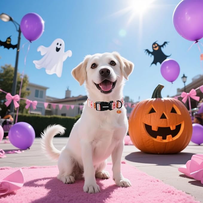 DOGWONG Fall Dog Collar- Pink Halloween Dog Collars Adjustable Classic Halloween Dog Collar for Small Medium Large Dogs L