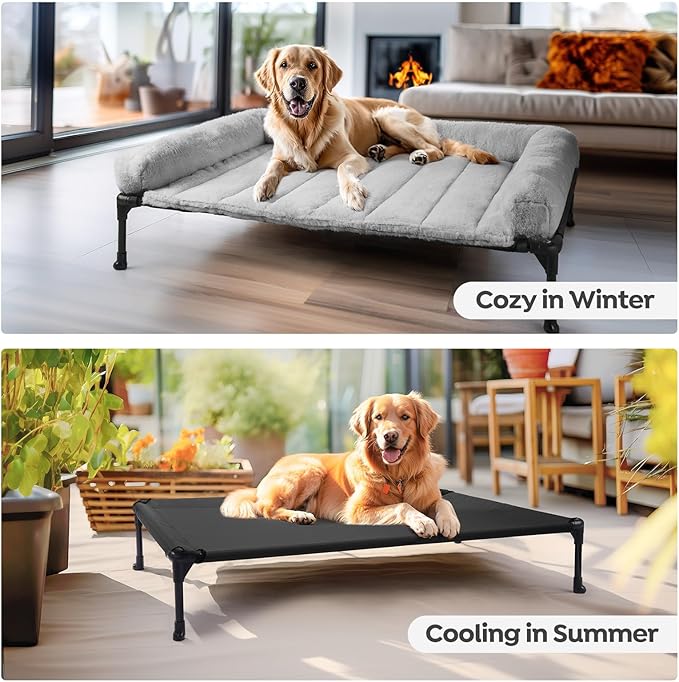 Veehoo Orthopedic Elevated Dog Bed with Fluffy Plush Bolster Cushion, Indoor Raised Dog Beds for Large Dogs, Soft Pet Sofa Cot with Removable Washable Mat, No-Slip Feet, 32 x 25 inches, Grey