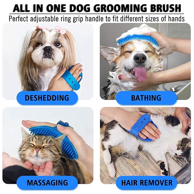 Dog Grooming Brush, Pet Shampoo Bath Brush Dog Grooming Shedding Brush Soothing Massage Rubber Comb with Adjustable Ring Handle for Long Short Haired Dogs and Cats 2pcs