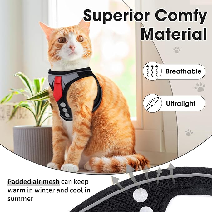 Cat Harness and Leash Set for Walking Escape Proof, Soft Adjustable Kitten Harness Breathable Mesh with Reflective Strips Harness for Kitty Puppy Bunny (Black, Large)