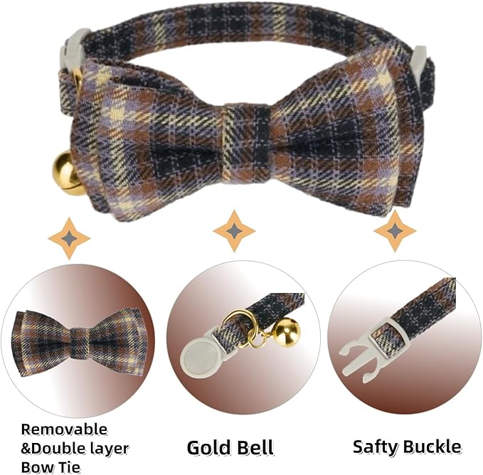 2 Pack Cotton Cat Collar, Removable Bowtie, Plaid Pattern, Safety Breakaway Clasp, Adjustable for Cats.(Adult Cat, Blue and Brown)