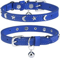 Leather Cat Collars for Boy Girl Cats with Bell and Safety Elastic Belt, Personalized Star and Moon Stud Adjustable Safe Buckle Collar for Kitty Small Big Cats Size 7-9 Inch, Blue