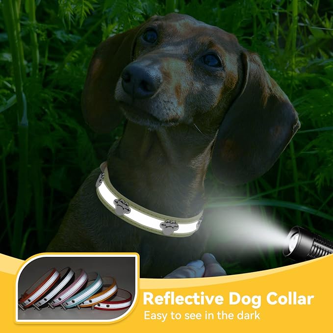 PETCARE Reflective Dog Collar with Cute Paw Rivet Studded Funny Soft PU Leather Adjustable Puppy Dog Collars for Small Medium Large Dogs Cats (Yellow,Large)