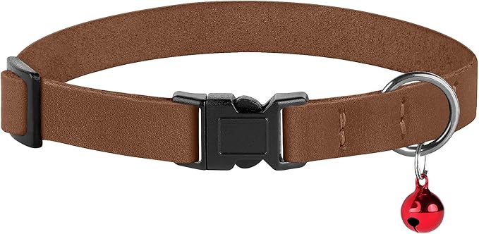 Breakaway Cat Collar Leather with Removable Bell - 13 Colors Available - Soft Adjustable Girl Boy Safety Lightweight Pet Kitten Collars Pink Brown Blue Green Red Orange Black (Cognac)