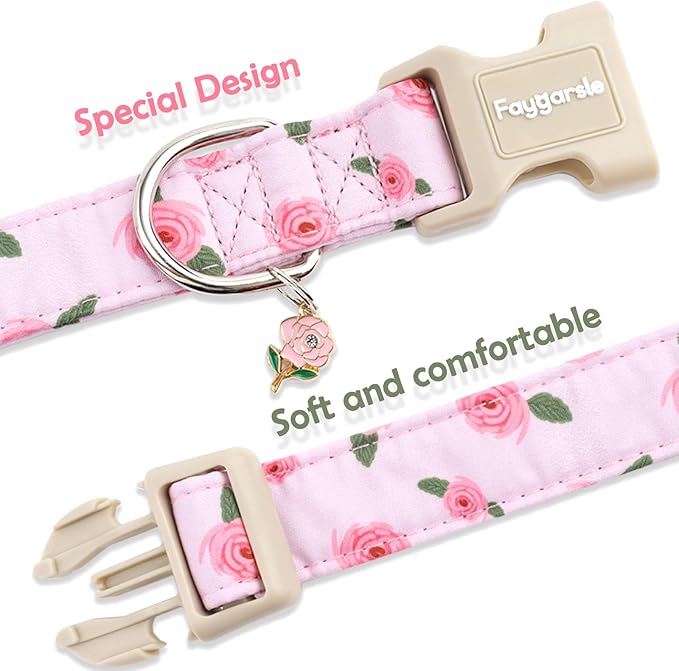 Faygarsle Pink Floral Dog Collar with Roses Pattern, Spring Summer Design for Small Medium Large Dogs M