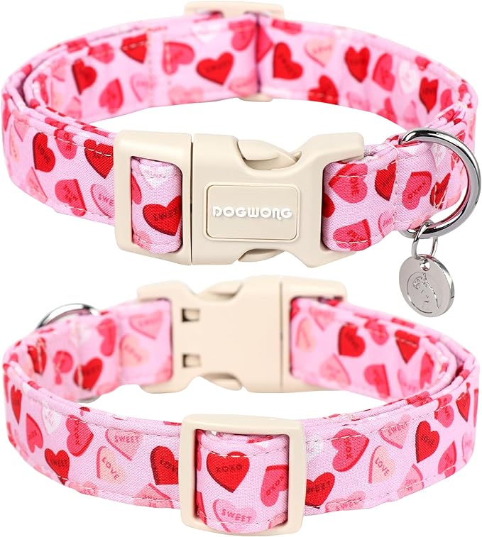 DOGWONG Valentine's Dog Collar - Pink Heart Adjustable Cotton Heart Dog Collar - Perfect for Extra Large Dogs