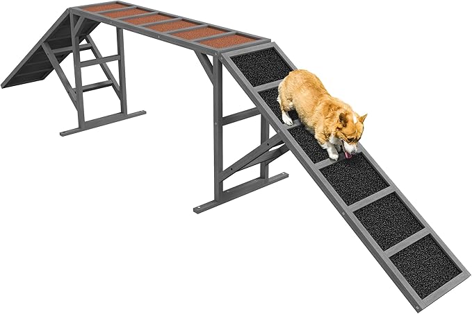 PawHut Wooden Dog Agility Equipment with Safety Bar, Non-Slip Surface, Dog Playground Ramp, Pet Obstacle Course for Backyard, Park, Walk and Pause Training, Gray