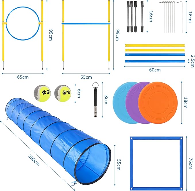 RAIN QUEEN Dog Agility Course Backyard Set - Agility Training Equipment for Dogs Starter Kit-Pet Outdoor Games with Tunnel, Weave Poles, Adjustable Hurdle, Jump Ring, Pause Box, Toys and Carrying Bag