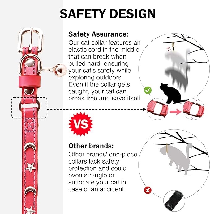 Leather Cat Collars for Boy Girl Cats with Bell and Safety Elastic Belt, Personalized Star and Moon Stud Adjustable Safe Buckle Collar for Kitty Small Big Cats Size 8-12 Inch, Red