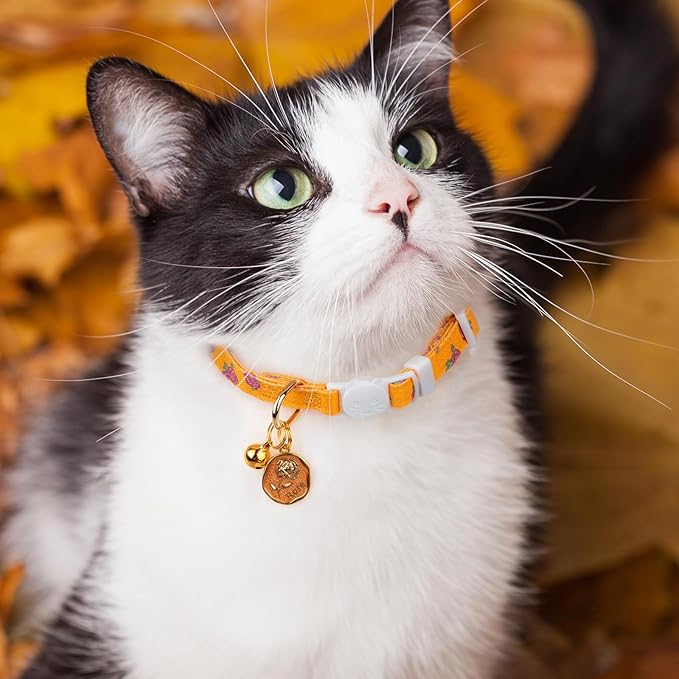 2 Pack Cotton Breakaway Cat Collar Yellow and Pink Rose Pendant Cute Kitten Cat Collar with Bell