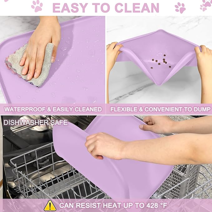 Silicone Pet Food Mat with Raised Edge for Food and Water Bowl, Dog Feeding Mats, Cat Food Trays for Floor Waterproof, Rubber Tray for Dogs and Cats, 19 x 12 x 0.7 Lavender