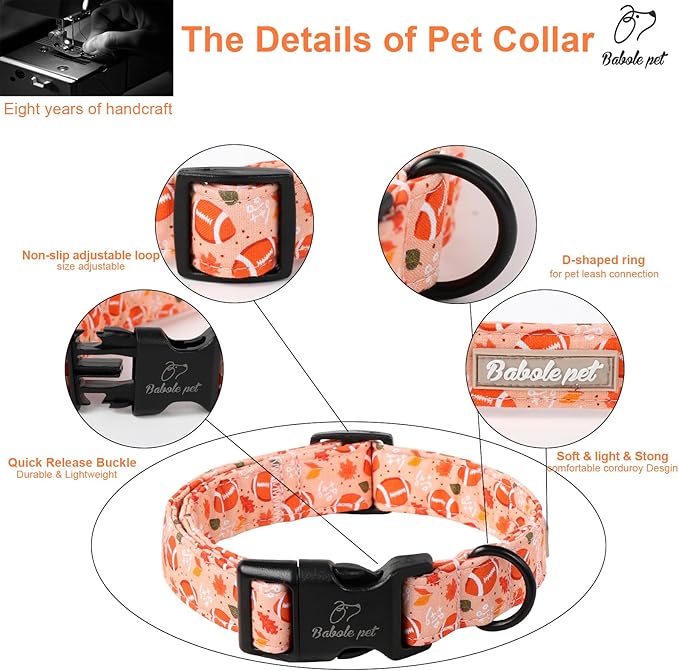 Fall Dog Collar, Cute Football Pattern Puppy Collar, Orange Adjustable Cotton Holiday Tanksgiving Dog Collars for Small Medium Large Boy&Girl Dogs S