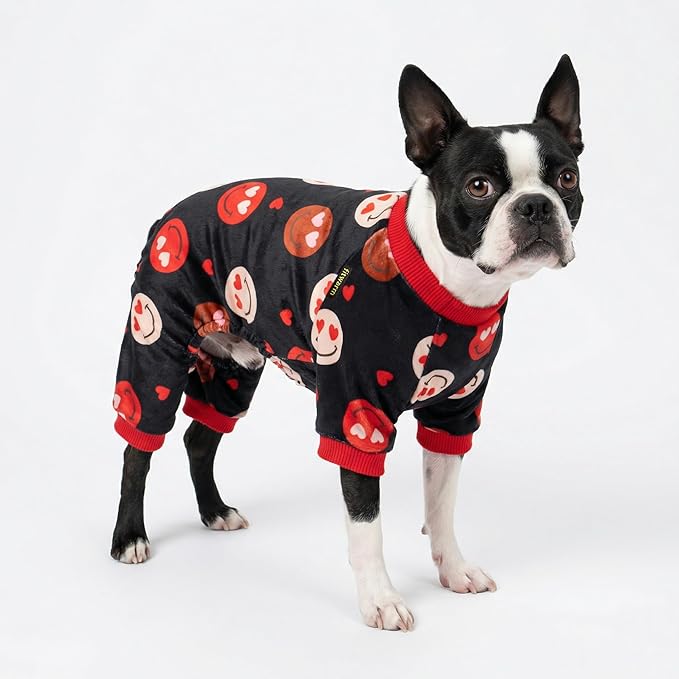 Fitwarm Hearts Eyes Smily Face Dog Pajamas, Cozy Valentines Outfit for Small Dogs Boy Girl, Festive Pet Clothes, Black, Red, Large