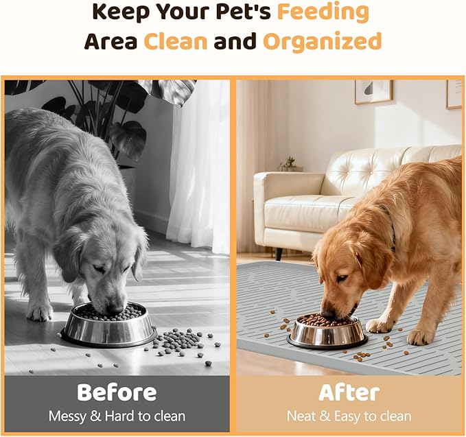 Silicone Cat & Dog Food Mat, 54" x 27.5" Extra Large Pet Feeding Mat for Cats and Dogs Bowl, Pet Placemat for Food and Water with Raised Edge, Waterproof, Leakproof (Grey)
