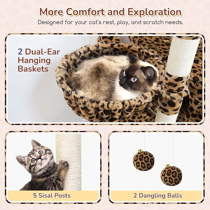 Globlazer Heavy Duty Cat Tree, 74inch Sturdy Cat Tower for Large Cats Adult, Big Cat Tree with 7 Sisal Scratching Posts, 2 Padded Cat Condos, 2 Hanging Baskets, Enlarged Top Perch, S74, Leopard Print