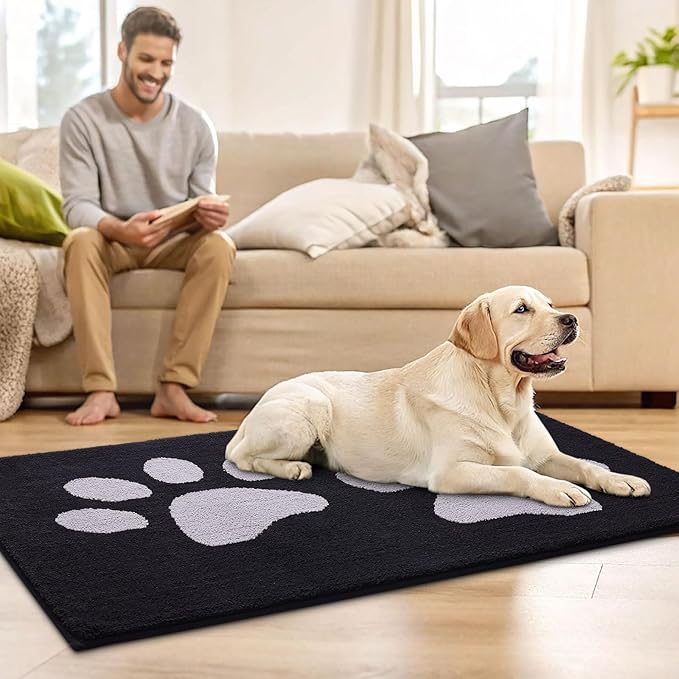 Buganda Dog Door Mat for Muddy Paws, Absorbent Dirt Trapper Washable Indoor Doormats, Non Slip Low-Profile Mud Mat for Dogs, Front Entrance Doormat for Inside Floor (59x35 Inches, Black and Grey)