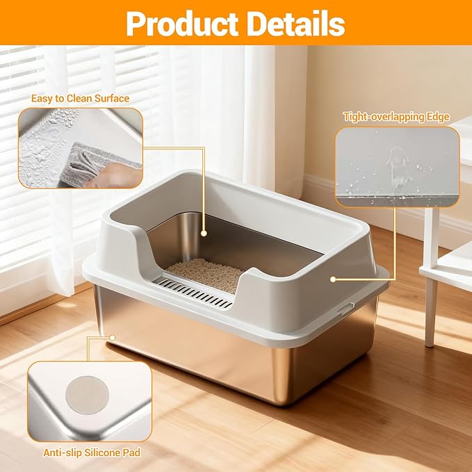 Stainless Steel Litter Box, XL Enclosed Cat Litter Boxes with Lid for Big Cats and Multi-Cats, High Sided, Anti-Urine Leakage Non-Stick Bottom Include Scoop Easy to Clean