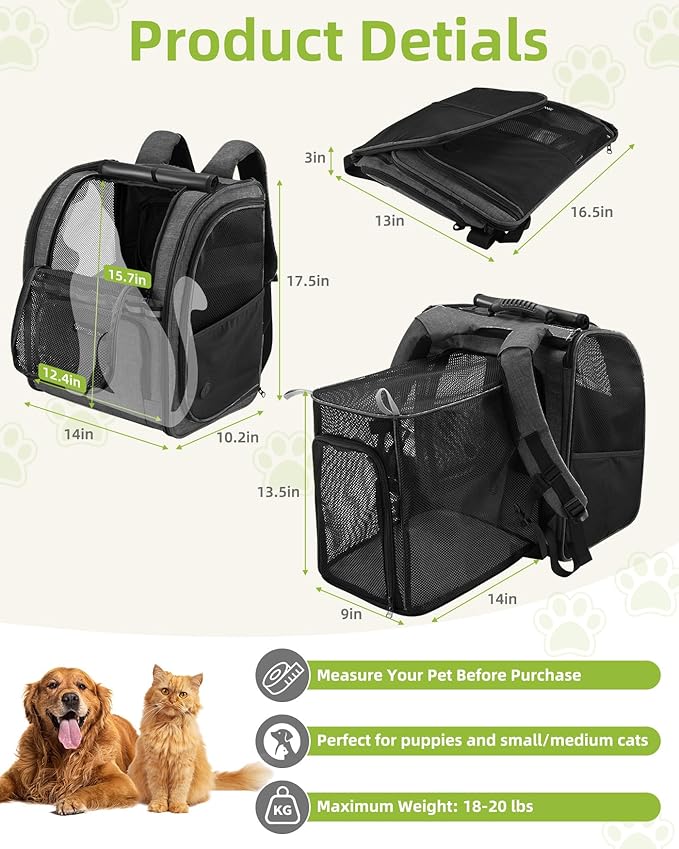 Expandable Cat Carrier Backpacks with Breathable Mesh, Pet Carrier Backpack for Cats Small Dogs Puppies Up to 20 Lbs, Dog Carrier Backpack Great for Travel/Hiking/Camping/Outdoor-Dark Blue