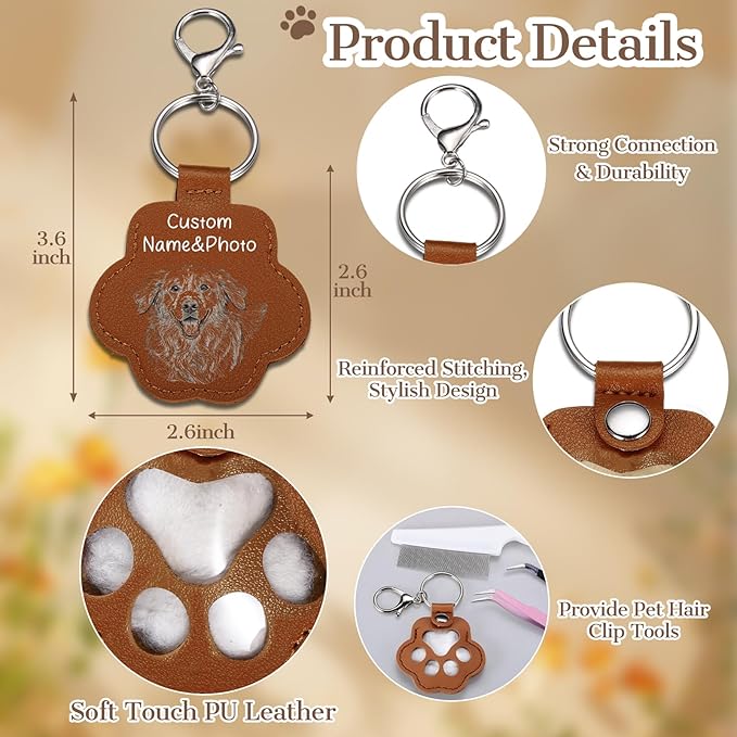 Eunigem Personalized Pet Memorial Gifts for Dogs Cats-Custom Dog Hair Keychain Paw Keychains for Dog Fur-Shaped Leather Keychain,Remembrance Accessory Pet Hair Keepsake for Bag or Key (Color-11)