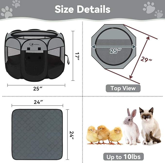 Dog Cat Playpen with Washable Pee Pad, Puppy Pet Playpen Indoor for Small Dog Crate Tent Cage Outdoor, Portable Pop Up Dogs Enclosure Kennel with Carrying Case,Dark Grey
