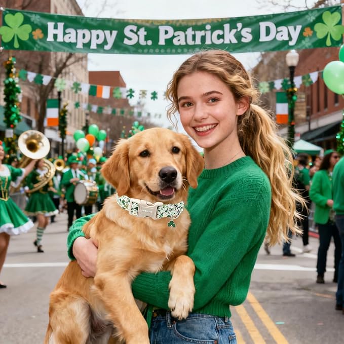 DOGWONG St Patrick's Dog Collar, Green Clover Pet Collar Cotton Holiday Pet Collar Cute Puppy Collar Adjustable Pet Dog Collars for Small Dogs,XS