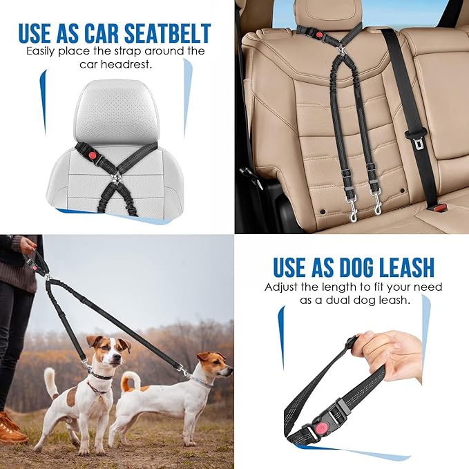 Dog Seat Belt for Car, Dual Pet Vehicle Headrest Restraint Safety Seatbelt,Two Dog Leash No Tangle Dog Car Leash Seat Belt,Duty Adjust Elastic Connect Harness in Vehicle Travel(Pink)