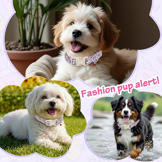 Easter Dog Collar for Small Dogs, Easter & Spring Theme Small Dog Collar with Cute Chick & Bunny Pattern, Adjustable Purple Easter Dog Collars Girl Boy Collar for Dogs -S