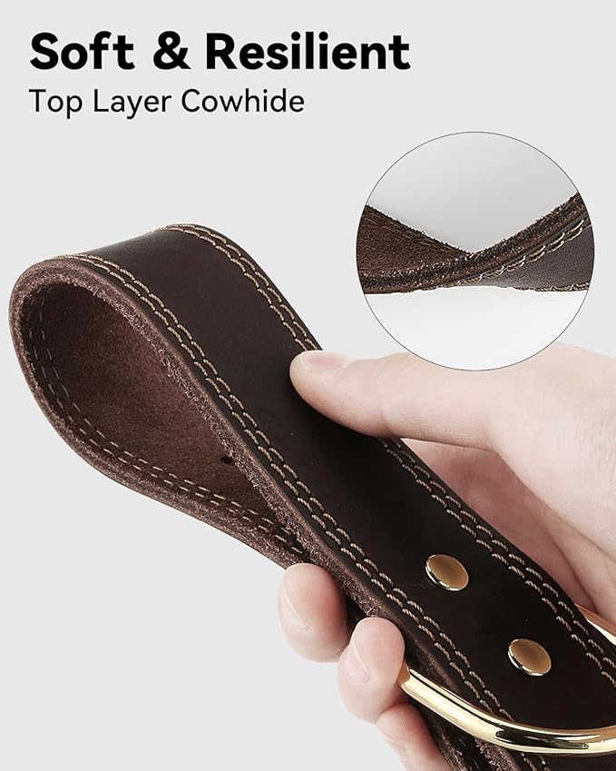 Joytale Genuine Leather Dog Collar for Large Dogs, Heavy Duty Thick Solid Leather for Power Breeds, Sturdy Adjustable Pet Collar with Metal Pin Buckle, Durable for Daily Walking, Brown, XL
