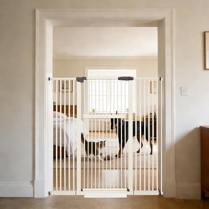 Lumizone Extra Tall Pet Gate 55.12" High Pressure Mounted 38.39"-59.24" Extra Wide (9 Sizes) 1.37" Gap for Cat Dog Stairs Doorway Hallway No Drilling Auto-Close (30.12"-59.24" W, Cream White)