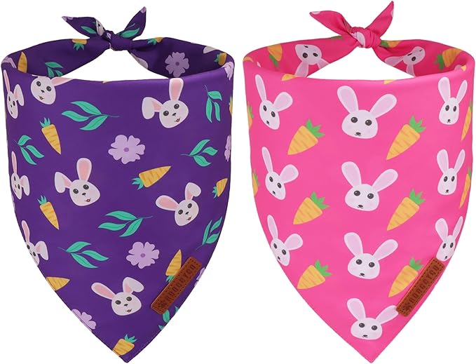 ADOGGYGO Easter Dog Bandana 2 Pack, Bunny Carrot Print Triangle Pet Scarf, Premium Fabric, Reversible Purple Pink Easter Bandana for Extra Large Dogs (X-Large)