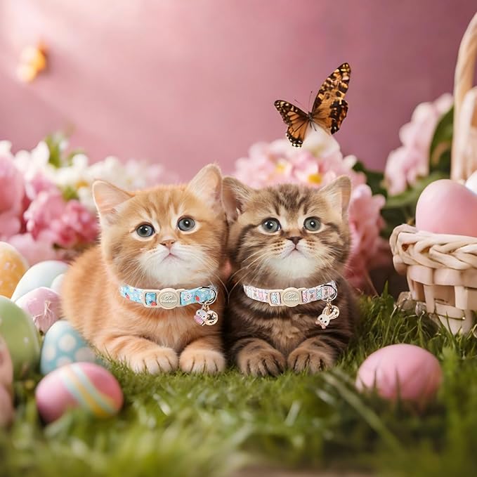 2 Pack Easter Bunny Cat Collars - Cute Breakaway Easter Cat Collar with Bell & Bunny Pendant, Adjustable Spring Holiday Pink Blue Kitten Collars for Boy Girl Cats