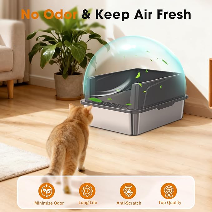 2PACK Stainless Steel Cat Litter Box with Lid, High-Sided Metal Litter Pan for Small Cats, Kitty Litter Box, Non-Stick & Odor-Resistant, Anti-Urine Leakage, Easy to Clean, Scoop Included