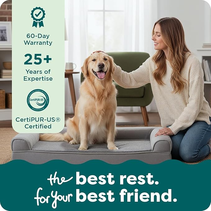 FurHaven Classic Soft Sofa Orthopedic Dog Bed for Medium Dogs, with Egg Crate with a Solid Orthopedic Foam Base for Joint Support, Removable Washable Cover, Medium, Faux Fur & Velvet, Dark Sage