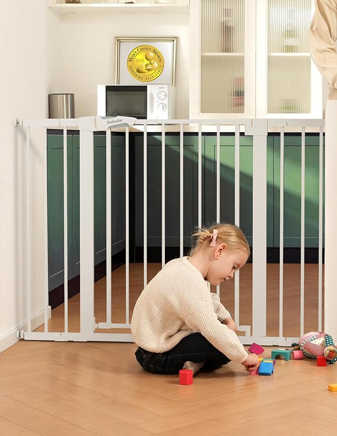 Babelio 36" Tall Baby Gate, PressGuard P7, 29-48" Auto Close Pressure Mounted Dog Gate for Stairs, Doorways & Hallway, Protector Basics Easy Walk Thru Pet Gate, White