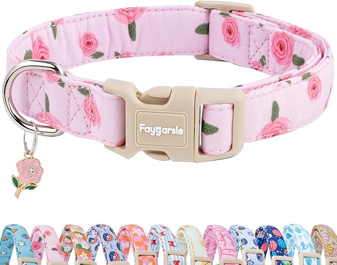 Faygarsle Pink Floral Dog Collar with Roses Pattern, Spring Summer Design for Small Medium Large Dogs XS