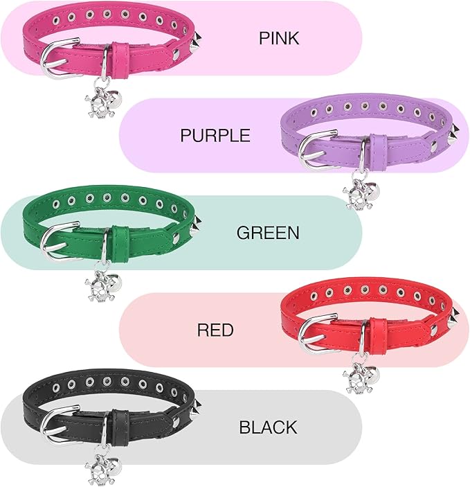 Leather Cat Collars for Boy Girl Cats with Bell and Safety Elastic Belt, Personalized Rivets Stud Adjustable Safe Buckle Collar with Skull Charm for Kitty Small Pets, Black