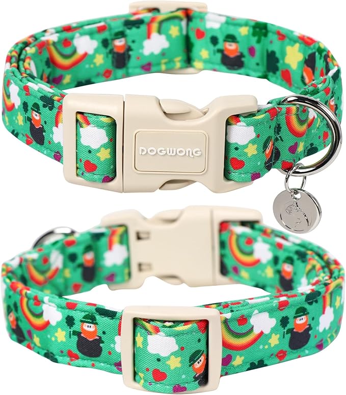 DOGWONG St. Patrick's Day Dog Collar, Lucky Clover Shamrock Green, Medium, Soft Durable Adjustable Costume Bright Lucky Charm Puppy Collar for Small to Large Dogs