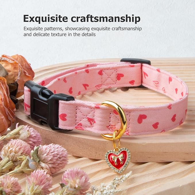 Cotton Handmade Dog Collar Cute and Distinctive Patterns Pink Heart with Pendant for Girl Boy Dogs Collars L