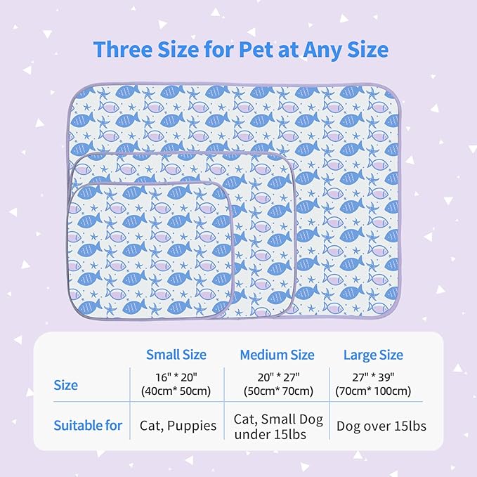 NWK Pack of 4 Pet Cooling Mat - Ice Silk Cooling Mat for Dogs & Cats Portable & Washable Pet Cooling Blanket, Car Seats, Beds for Summer (4pcs, Purple Fish, 20’’ X 16’’ X 0.3)