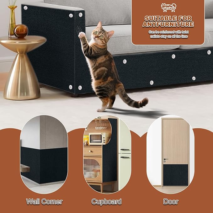 Cat Scratch Mat, Self-Adhesive Trimmable cat Scratch Furniture Protector for Couch, cat Scratch pad，cat Tree，DIY Climbing Carpet for Cat Tower Replacement Pads (Black, 39.4" x 15.8")