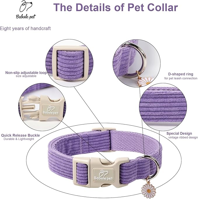Cute Corduroy Dog Collar - Lavender Adjustable Dog Collars for Small Dogs 10-25lbs, Fade-Proof with Secure Snap & Little Charm, Christmas Birthday Gift, S