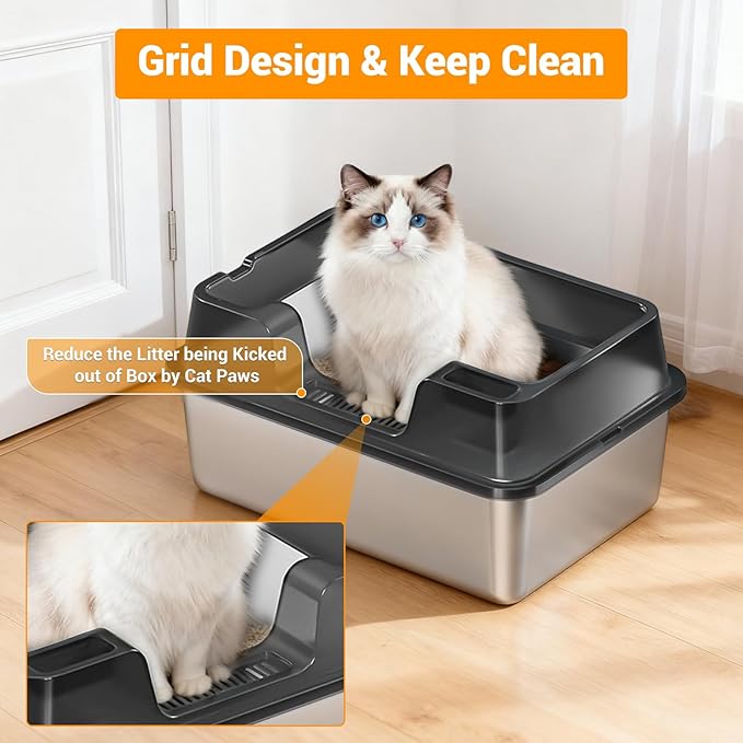 Stainless Steel Litter Box, XL Enclosed Cat Litter Boxes with Lid for Big Cats and Multi-Cats, High Sided, Anti-Urine Leakage Non-Stick Bottom Include Scoop Easy to Clean