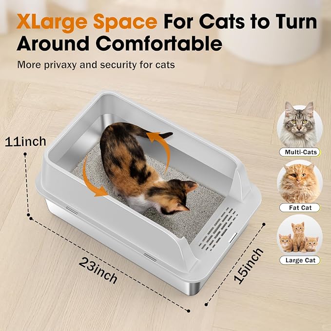 2PACK Stainless Steel Litter Box, Extra Large Litter Boxes for Big Cats, XL Metal Cat Litter Box with Lid High Sides, Anti-Urine Leakage, Non-Sticky, Scoop Included