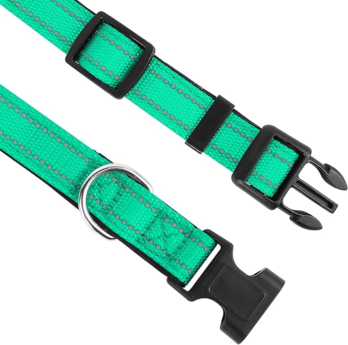 Reflective Dog Collar, Adjustable Soft Neoprene Padded Nylon Pet Collars with Buckle for Small Dogs, Grass Green,S