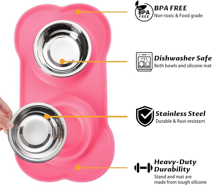 Hubulk Pet Dog Bowls 2 Stainless Steel Dog Bowl with No Spill Non-Skid Silicone Mat + Pet Food Scoop Water and Food Feeder Bowls for Feeding Small Medium Large Dogs Cats Puppies (S, Pink)