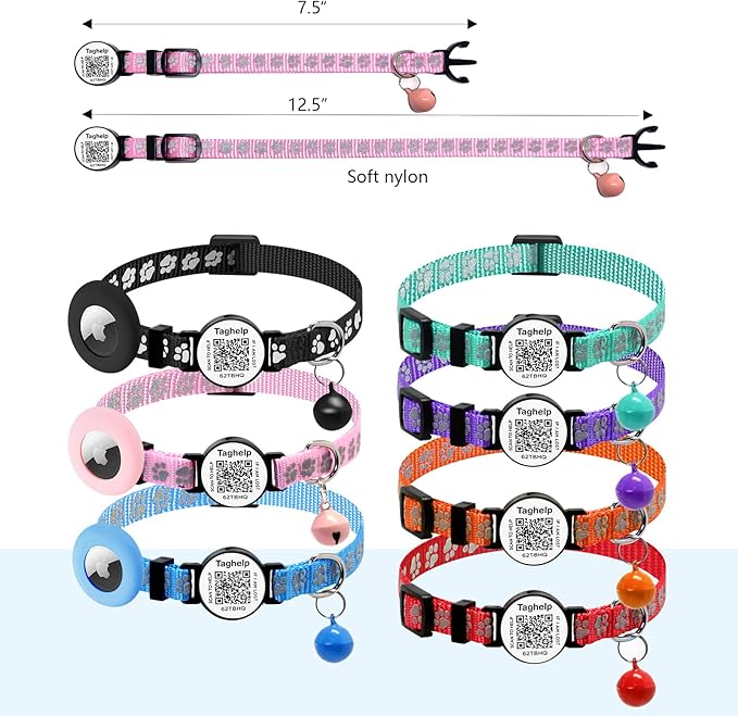 Reflective AirTag Cat Collar with Bell & Elastic Safety Band - Personalized Cat ID Tag & QR Code Smart Tracker for Cats, Kittens, Puppies - Perfect for Girl & Boy Pets(Blue)