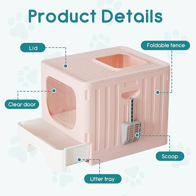 OLIXIS Cat Litter Box with Lid, Large Foldable Cat Box with Litter Scoop, Front Entry Top Exit Kitty Litter Box with Door, Easy Cleaning Drawer Design Odor Control, Pink