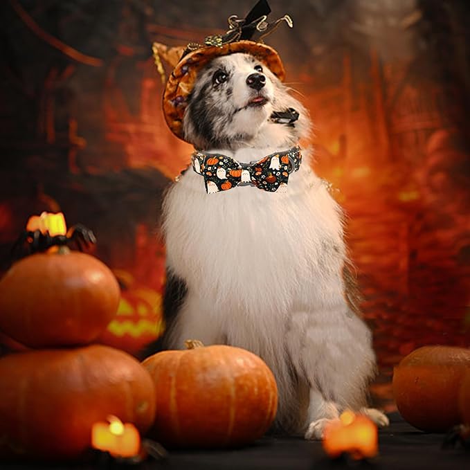 Halloween Dog Collar, Ghost Print Adjustable Pet Collar Fall Pumpkin Cute Cotton Soft Collars with Bow Tie Fall Metal Buckle Holiday Puppy Collars Boy&Girl Gift for X-Small Dogs